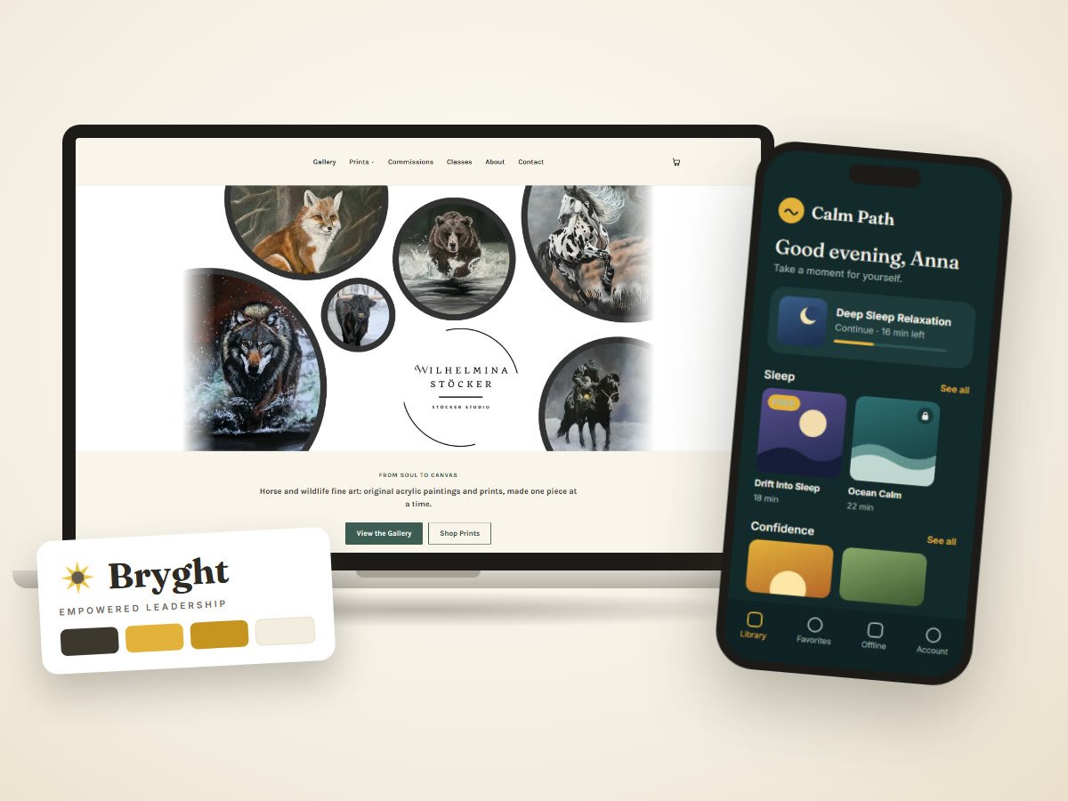 Website, logo and App design by Bryght: a website on a laptop, a branded App on a phone and the Bryght logo